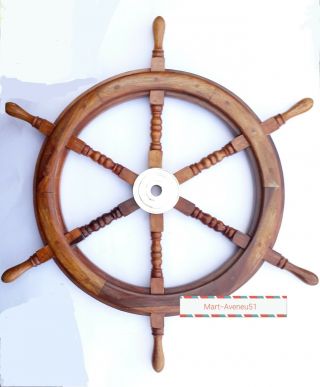 30 " Nautical Ship Wheel With Brass Ring Wooden Decorative - Collectible Gift
