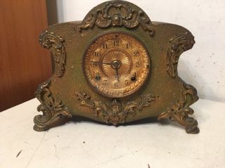 Rare Antique Ansonia Iron Case Mantle Clock W/ Green Textured Finish