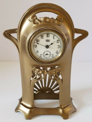 Antique 1894 M.  S.  Benedict Mfg Waterbury Art Nouveau Mini Gold Gilt Mantel Clock