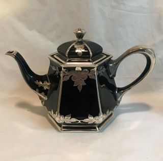 Lenox Cobalt Blue Porcelain With Silver Overlay Teapot Cartouche Unengraved