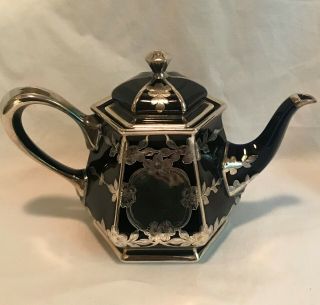 Lenox Cobalt Blue Porcelain with Silver Overlay Teapot Cartouche Unengraved 3