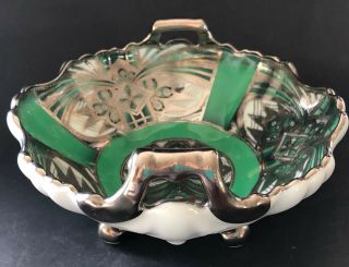 Noritake Antique Tray Green Silver Signed Oriental Art Deco Gold Paint Rare