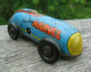 1947 CAPTAIN MARVEL BLUE 4 Tin Litho WIND - UP RACE CAR Fawcett Comics 4