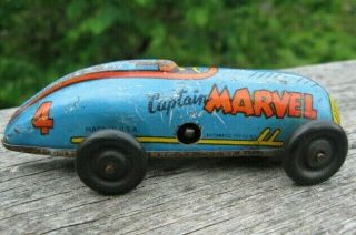 1947 CAPTAIN MARVEL BLUE 4 Tin Litho WIND - UP RACE CAR Fawcett Comics 5