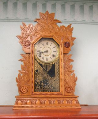 Antique Gilbert Laurel No.  3 Gingerbread Kitchen Clock Shelf Mantel Golden Oak