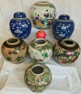 6 - A Selection Of 7 Large Chinese Ginger Tea Jars Rose/verte/prunus 19th/20thc