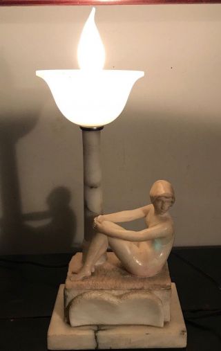 ART DECO ALABASTER TABLE LAMP OF SIREN / YOUNG WOMAN,  1920s - REWIRED 11