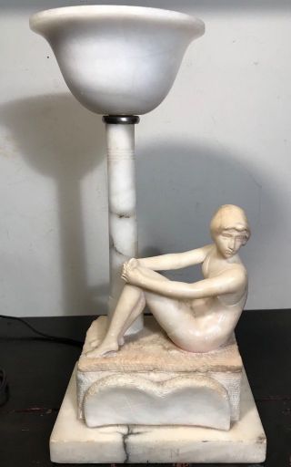 Art Deco Alabaster Table Lamp Of Siren / Young Woman,  1920s - Rewired