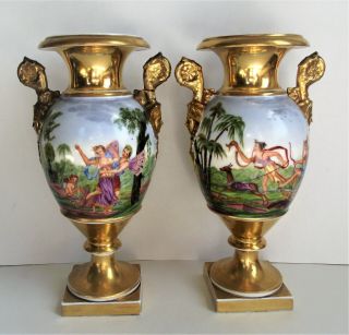 Antique Pair French Paris Porcelain Cherub Scene Painted Face Handle Urn Vase