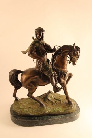 Vtg Antoine - Louis Barye French Bronze Arab On Horse Rider Marble Base Sculpture