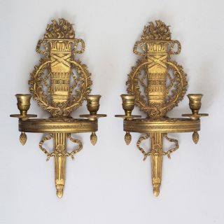 Early 19c Antique Russian Neoclassical Gilt Bronze Wall Candleholders Torches