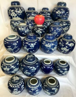 3 - A Selection Of 22 Chinese Ginger Tea Jars Blue & White Prunus 19th/20thc