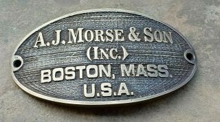 Vintage Solid Brass A.  J Morse & Son Boston Mass Diving Divers Helmet Name Plate 2