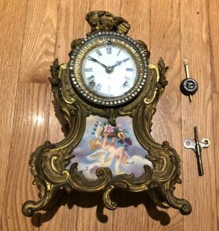 Antique Ansonia Clock Co Ny Mantle Clock W/ Key Gilt Metal And Porcelain