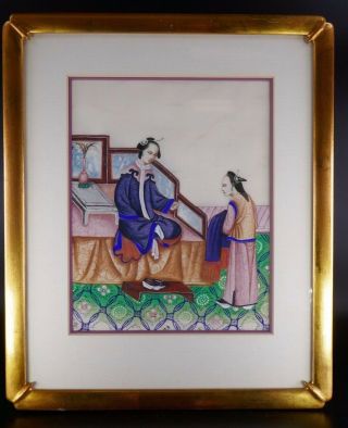 19th Century Fine Chinese Watercolor On Rice Paper Painting Court Scene Framed