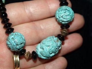 Antique Vintage Carved Chinese Carved Hubei Turquoise Bead Necklace 22.  5 "