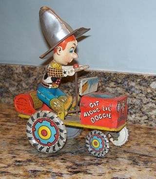 Vintage Unique Art Rodeo Joe Crazy Car Wind - Up Toy Tin - Litho Works/working Rare