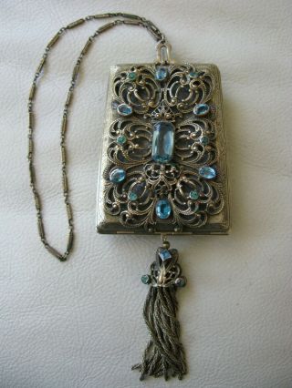 Antique Victorian Silver T Filigree Jeweled Blue Watch Fob Chain Tassel Compact