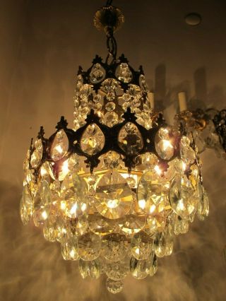 Antique Vnt French Big Basket Crystal Chandelier Lamp Lustre 1940s 13in Ø Dmtr -