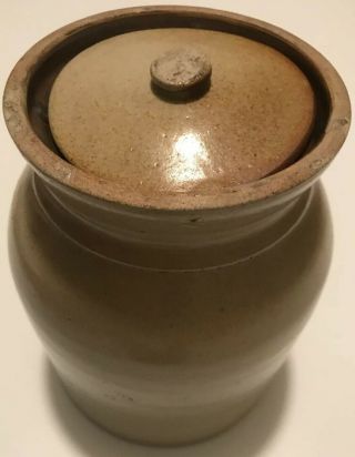 Antique 19th Century Stoneware Pottery Crock With Lid 7.  5 Inches Tall
