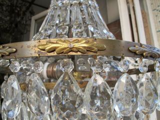 Antique Vnt French Big Basket Crystal Chandelier Lamp Lustre 1940 ' s 16in Dmeter 12