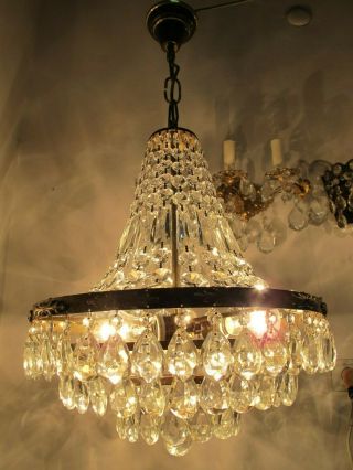 Antique Vnt French Big Basket Crystal Chandelier Lamp Lustre 1940 ' s 16in Dmeter 3