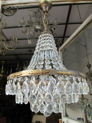 Antique Vnt French Big Basket Crystal Chandelier Lamp Lustre 1940 ' s 16in Dmeter 9