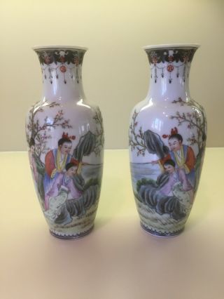 Chinese Vases Republic Period Signed 9” Porcelain Pottery 1912 - 1949 Rose