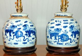 Chinese Ginger Jar Lamps Blue & White Porcelain Qilin Foo Dog Pair 2f
