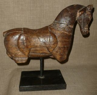 Antique Gorgeous 19th Century Wood Carving Of War Horse W/ Stand & Patina,