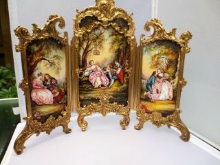 Antique Huge Rococo Viennese Hand Painted Enamel Triptych Screen Vienna Austrian