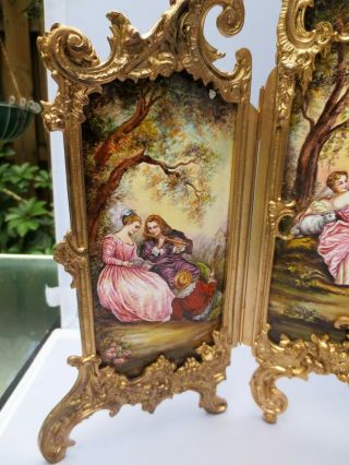 Antique HUGE Rococo Viennese Hand Painted Enamel Triptych Screen Vienna Austrian 2