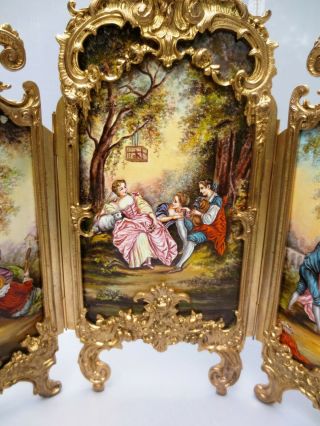 Antique HUGE Rococo Viennese Hand Painted Enamel Triptych Screen Vienna Austrian 3