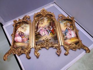 Antique HUGE Rococo Viennese Hand Painted Enamel Triptych Screen Vienna Austrian 5