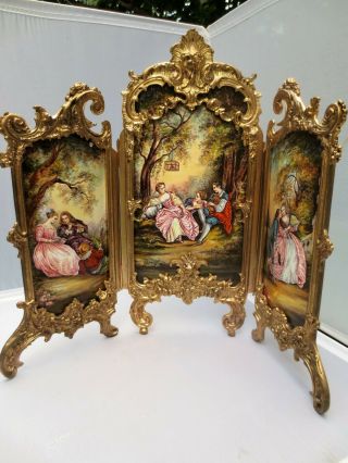 Antique HUGE Rococo Viennese Hand Painted Enamel Triptych Screen Vienna Austrian 6