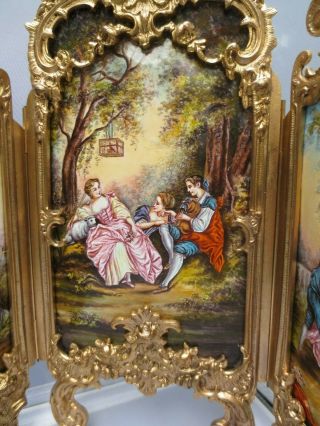 Antique HUGE Rococo Viennese Hand Painted Enamel Triptych Screen Vienna Austrian 9