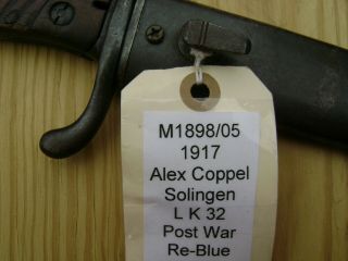 German Model 1898/05 1917 Alex Coppel Solingen Lk 32 Post War Reblue Bayonet