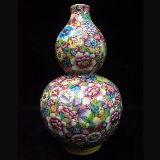 Old Chinese Hand Painting Flowers Porcelain Double Gourd Vase " Qianlong "