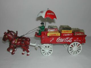 Vintage Cast Iron Coca - Cola Wagon W/ Horses Coke Crates And Bottles Collectible