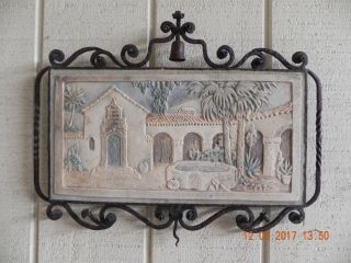 Vintage 15 3/4 " X 8 " Claycraft Tile,  Spanish Patio,  In Buschere & Son Iron Frame