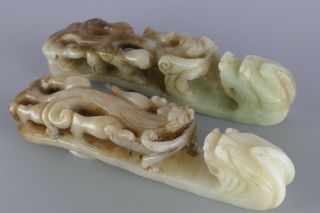 20th Chinese Pair Carved Jade Dragon Belt Hooks Sculpture Work Of Art 2