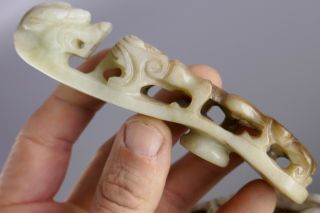 20th Chinese Pair Carved Jade Dragon Belt Hooks Sculpture Work Of Art 5