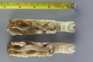 20th Chinese Pair Carved Jade Dragon Belt Hooks Sculpture Work Of Art 9