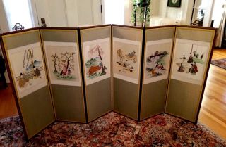 Antique Korean Hand Embroidered 6 Panel Folding Screen:42 