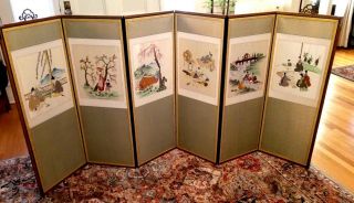 Antique Korean Hand Embroidered 6 Panel Folding Screen:42 " L X 88 " W (107 X224 Cm)