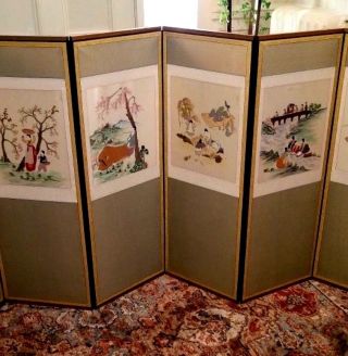 Antique Korean Hand Embroidered 6 Panel Folding Screen:42 