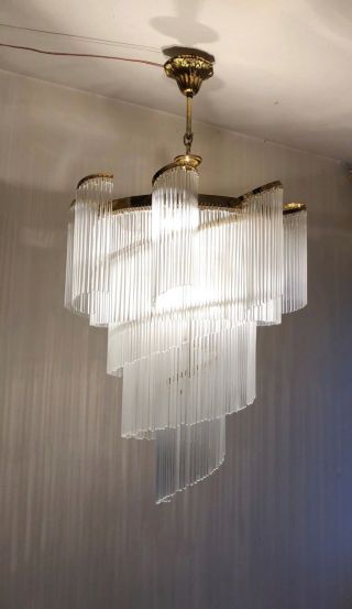 Big Art Deco Retro 80s Ceiling Vintage Milk Glass Stick Chandelier