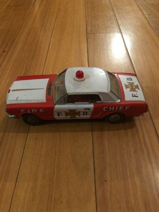 Rare Real Tin Ford Mustang,  Fire Chief 1965,  White & Red,  Clover Toys.  F Chief D