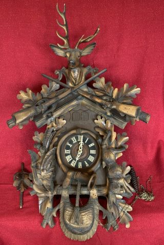 Huge Antique Black Forest Hunter Style 2 Door Musical Cuckoo Clock German Projec