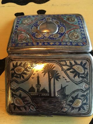 Antique Qajar Persian Arab Silver Gold Enamel Niello Cigarette Case Af